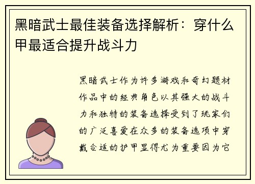 黑暗武士最佳装备选择解析：穿什么甲最适合提升战斗力